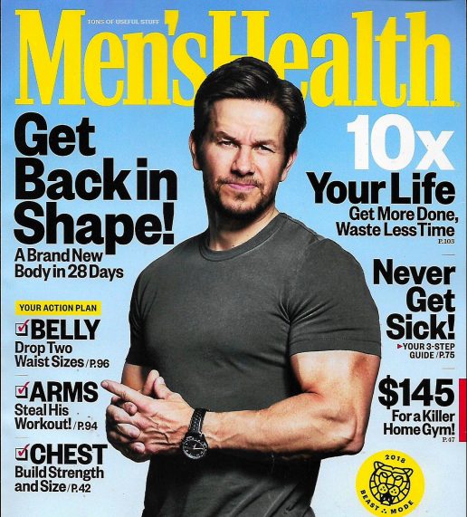 Mark Wahlburg on the Cover of Men's Health Magazine that features an article about acoustic wave therapy.